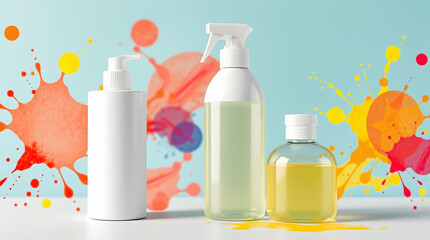 Colorful Cleaning Spray Bottle and Container with Paint Splashes on Bright Background Creative Housekeeping Concept
