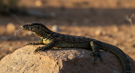 A monitor lizard rests on a rock, sticking out its tongue in a natural outdoor setting.
