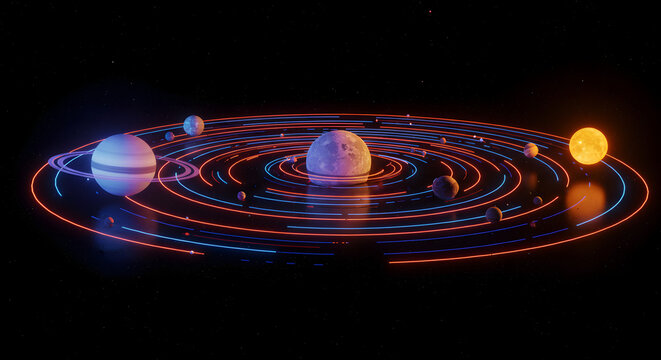 Colorful rotating orbit of binary stars surrounded by particles and dust trails.
