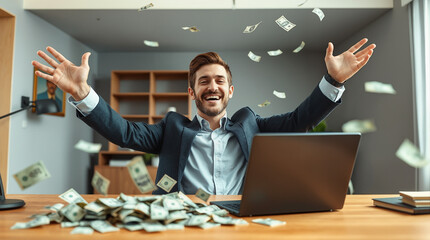 Happy successful businessman celebrating financial success with money falling in modern office workspace with laptop computer