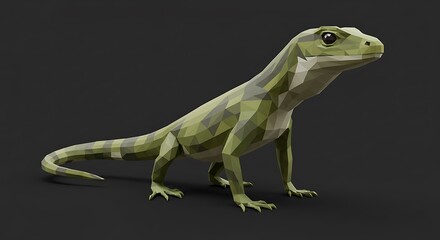 Fototapeta premium Low-poly rendering of a stylized green lizard, posed against a dark background.