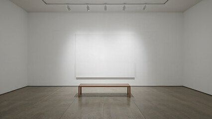 Minimalist art gallery with a large blank canvas and a wooden bench in the center