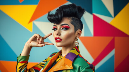 Stylish Young Woman with Bold Colorful Makeup and Retro Hairstyle Making Peace Sign Against Geometric Background