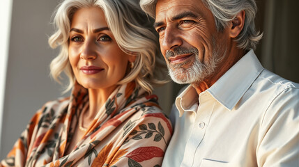 Happy mature senior couple smiling together, elderly man and woman portrait showing love relationship retirement lifestyle