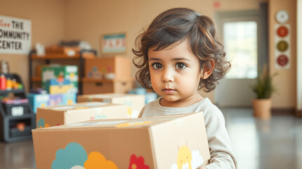 Adorable toddler child holding donation box at community center volunteering charity event helping others social responsibility