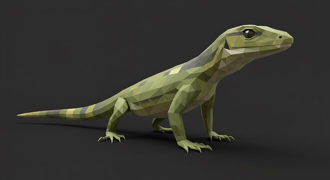 Low-poly green lizard standing on a flat surface, with striped tail and geometric design.