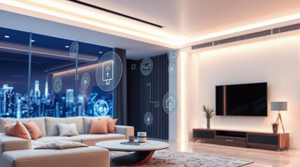 Modern Smart Home Living Room with Digital Interface Controls and City Skyline View through Glass Windows