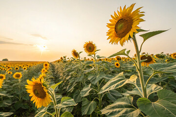 Beautiful sunflower field in full bloom, isolated on white background