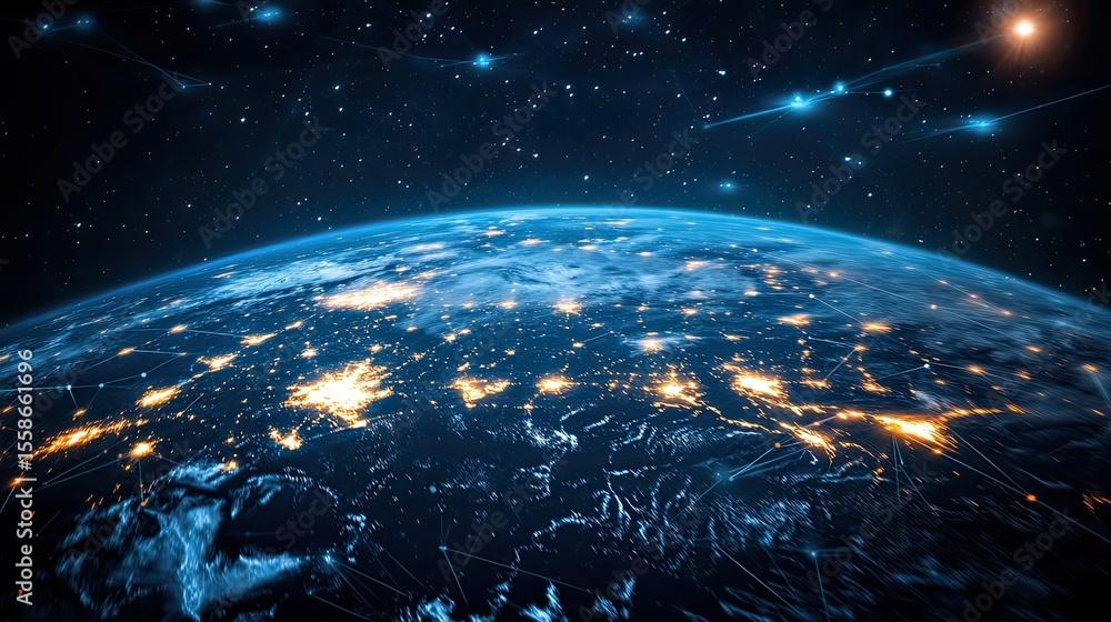 Poster planet earth surrounded by digital network connections representing global data and connectivity