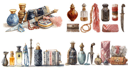 Watercolor illustration of traditional Middle Eastern perfume bottles, daggers, fabrics, and decor, perfect for cultural, historical, or antique design themes.

