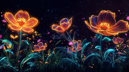 Vibrant glowing neon orange wildflowers on dark background.
