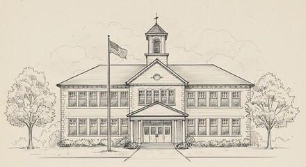 A detailed sketch of a two-story school building with a flag pole and trees.