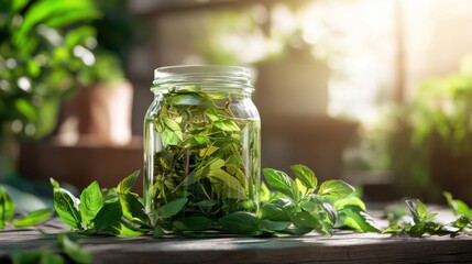 A glass jar filled with fresh herbal tea leave organic living concept, blurred background