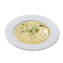 Chicken soup with vegetables isolated on white background