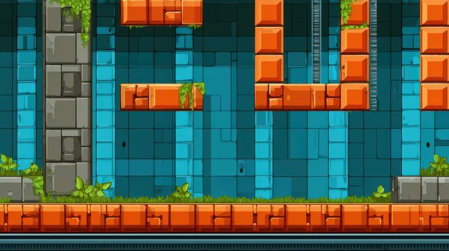 Pixel art game background showing orange bricks, green grass and blue tiles