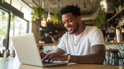 Obraz premium Man working on laptop in cafe during daytime, focused on task and smiling while enjoying the lively atmosphere