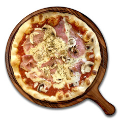 crispy mixed pizza with mushroom and ham isolate on transparency background