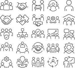 Fototapeta premium Team work set of web icons in line style. Teamwork and business cooperation icons for web and mobile app. Partnership, synergy, interaction, management, collaboration, meeting, workplace and more 