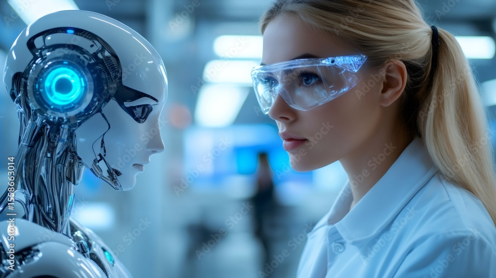 Poster female scientist working with futuristic robot in modern laboratory