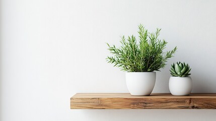 Potted plant sitting on wooden shelf against white wall, minimal home decor scene for design, lifestyle or greenery