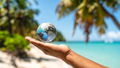 A scene in which a man raises his hand and a digital globe-shaped object rotates in his palm