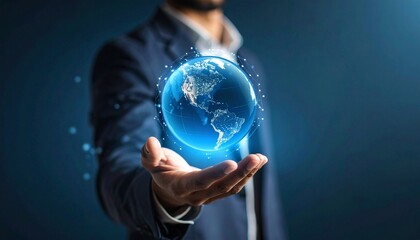 A scene in which a man raises his hand and a digital globe-shaped object rotates in his palm