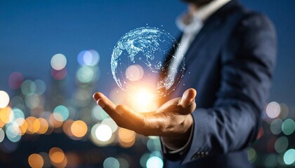 A scene in which a man raises his hand and a digital globe-shaped object rotates in his palm