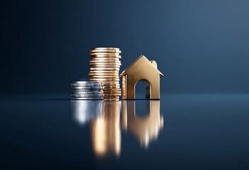 Surrounded by gold coins and set against a dark blue background, a golden house model is situated on a blue platform