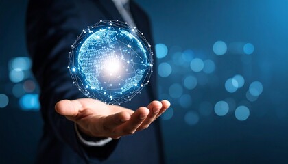 A scene in which a man raises his hand and a digital globe-shaped object rotates in his palm