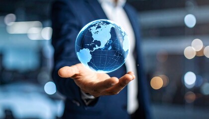 A scene in which a man raises his hand and a digital globe-shaped object rotates in his palm