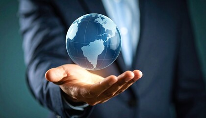 A scene in which a man raises his hand and a digital globe-shaped object rotates in his palm