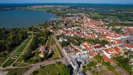 Aerial panoramic view around the old town of the city Neustrelitz on a sunny noon in summer in...
