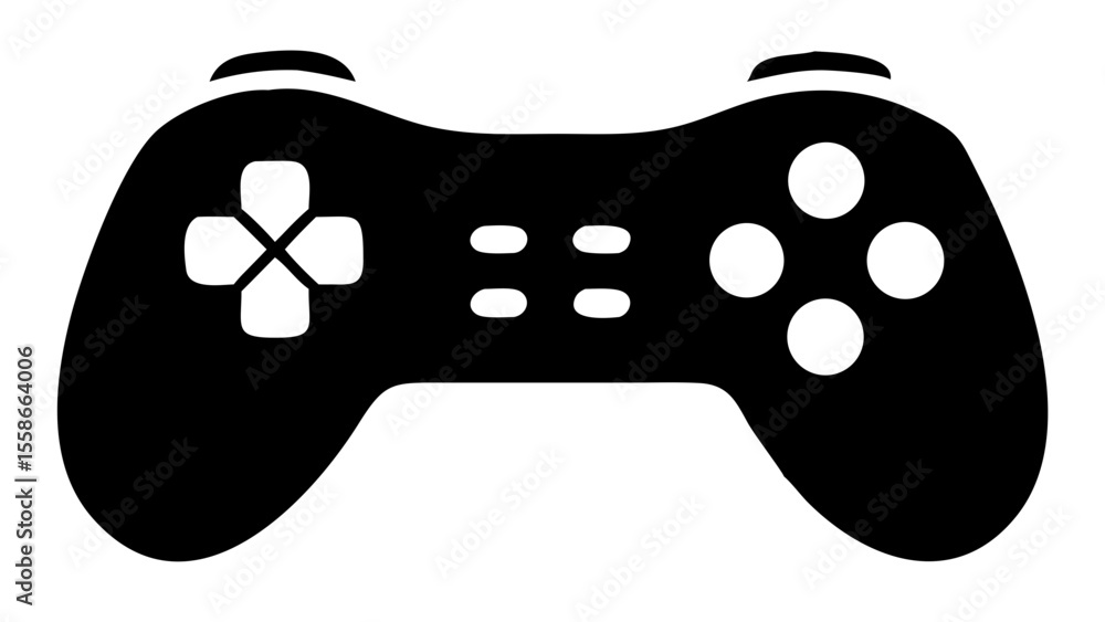 Poster illustration of a black game controller with a d pad and four buttons on a white background view sil