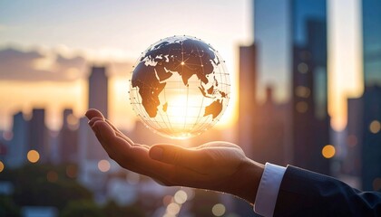 A scene in which a man raises his hand and a digital globe-shaped object rotates in his palm