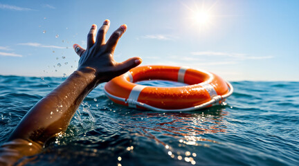 Low Angle Water Level View of  Child’s Hand Emerging from Turbulent Water and Reaching Toward Rescue Float Ring 