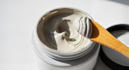 Opened Jar of Gray Mud Mask and Bamboo Spatula with Dollop of Mud on Tip in Bright Light  on Clean White Background 