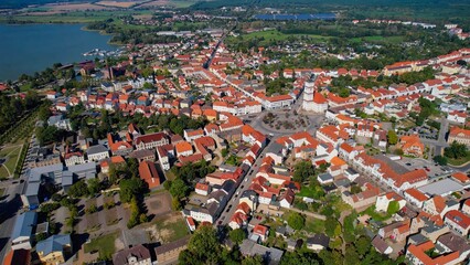 Aerial panoramic view around the old town of the city Neustrelitz on a sunny noon in summer in...
