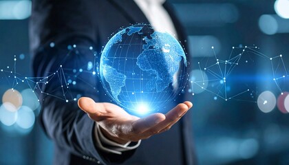 A scene in which a man raises his hand and a digital globe-shaped object rotates in his palm