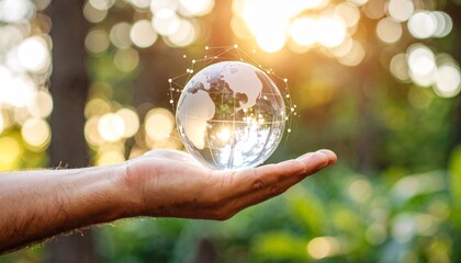 A scene in which a man raises his hand and a digital globe-shaped object rotates in his palm