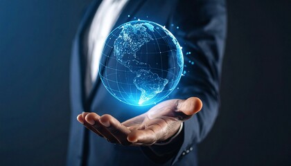 A scene in which a man raises his hand and a digital globe-shaped object rotates in his palm