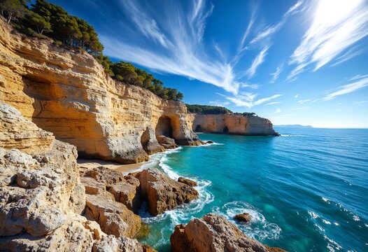 Rocky coastline with sharp limestone formations beside turquoise sea. Clear blue sky with dramatic cirrus clouds. Natural coastal landscape with vivid colors