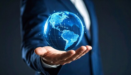 A scene in which a man raises his hand and a digital globe-shaped object rotates in his palm