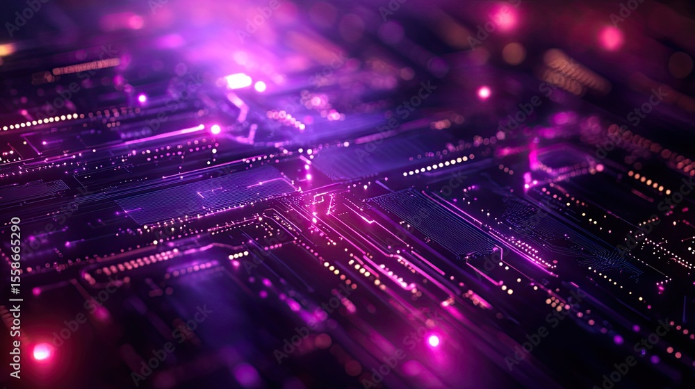Poster purple abstract tech design background with glowing neon lines, cyber texture overlay, and futuristi