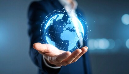 A scene in which a man raises his hand and a digital globe-shaped object rotates in his palm