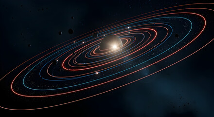 Bright spiral galaxy simulation with orbiting celestial rings and interstellar dust.