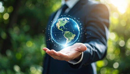 A scene in which a man raises his hand and a digital globe-shaped object rotates in his palm