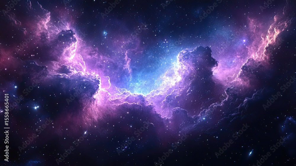 Poster purple nebula and cosmic dust clouds in outer space with stars and galaxies creating beautiful astro