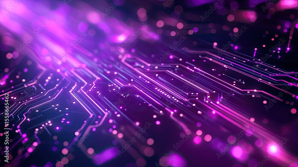 Poster purple technology abstract background with glowing circuit lines, data flow, and digital futuristic 