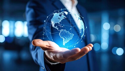 A scene in which a man raises his hand and a digital globe-shaped object rotates in his palm