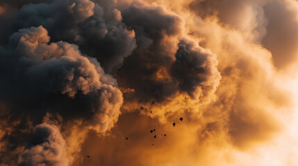 Toxic particles spreading through the sky, a hazy sunset backdrop, air pollution threat.